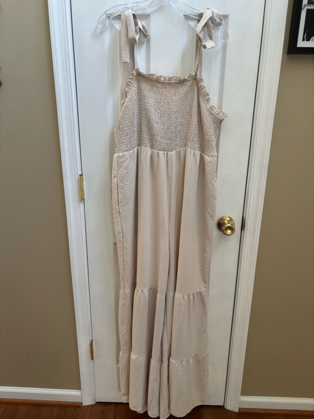 Woman’s Cream Tie-Shoulder Smocked Tiered Jumpsuit w/ Tie Straps, Size XL, NWOT - Picture 2 of 5